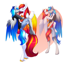Size: 3346x3000 | Tagged: safe, alternate version, artist:scarlet-spectrum, imported from derpibooru, oc, oc only, oc:diamond sun, oc:hawker hurricane, anthro, pegasus, unguligrade anthro, amazon, bridal carry, carrying, clothes, colored wings, commission, eyes closed, female, hawkmond, hearts and hooves day, kissing, love, male, mare, romantic, sarong, shirt, shorts, simple background, size difference, skirt, stallion, straight, wings