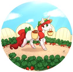 Size: 1024x1008 | Tagged: safe, artist:foxhatart, imported from derpibooru, oc, oc only, oc:strawberry jam, pony, unicorn, basket, bow, female, food, hat, mare, mouth hold, solo, strawberry, tail bow