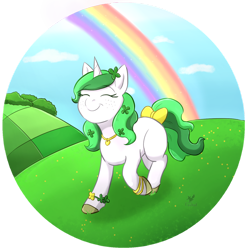 Size: 1024x1031 | Tagged: safe, artist:foxhatart, imported from derpibooru, oc, oc only, oc:clover, pony, unicorn, female, mare, rainbow, solo