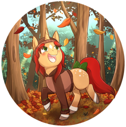 Size: 1024x1033 | Tagged: safe, artist:foxhatart, imported from derpibooru, oc, oc only, oc:toffee apple, pony, unicorn, autumn, bow, clothes, female, leaf, leaves, mare, solo, sweater, tail bow, tree