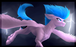 Size: 700x436 | Tagged: safe, artist:pheshka, imported from derpibooru, oc, oc only, oc:electric television, pegasus, pony, angry, electricity, flying, realistic horse legs, solo, spread wings, storm, wings