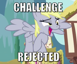 Size: 433x357 | Tagged: safe, imported from derpibooru, derpy hooves, season 5, slice of life (episode), caption, challenge accepted, image macro, open mouth, subverted meme, text