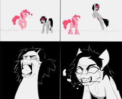 Size: 1064x866 | Tagged: safe, artist:owlnon, imported from derpibooru, pinkie pie, oc, oc:miss eri, earth pony, pony, angry, biting, blood, comic, cute, diapinkes, edgy, eyes closed, fangs, female, floppy ears, frown, glare, glowing eyes, gritted teeth, heart, jumping, mare, mouth hold, open mouth, pronking, sharp teeth, simple background, smiling, teeth, white background