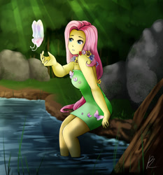Size: 1280x1372 | Tagged: safe, artist:pettaletta101, imported from derpibooru, fluttershy, butterfly, equestria girls, clothes, female, floral necklace, flower necklace, grass, sitting, tree, water