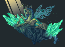 Size: 1024x749 | Tagged: safe, artist:just-rat, imported from derpibooru, queen chrysalis, changeling, changeling queen, crown, crystal, female, jewelry, looking at you, regalia, simple background, smiling, solo, transparent wings, wings