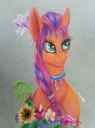 Size: 2988x4013 | Tagged: safe, artist:cahandariella, imported from derpibooru, sunny starscout, earth pony, pony, spoiler:g5, colored pencil drawing, coloured pencil, flower, flower in hair, g5, jewelry, magnolia, solo, traditional art