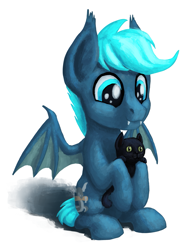 Size: 1213x1600 | Tagged: safe, artist:sa1ntmax, imported from derpibooru, oc, oc:guttatus, bat pony, cat, bat pony oc, bat wings, black cat, cute, holding, male, sitting, wings