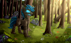 Size: 4650x2850 | Tagged: safe, artist:singovih, imported from derpibooru, oc, oc only, oc:poison trail, original species, pony, timber pony, timber wolf, fangs, forest, grass, male, open mouth, shine, smoke, solo, species swap, stallion, stone, tree