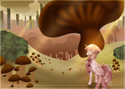 Size: 2814x1988 | Tagged: safe, artist:naezithania, imported from derpibooru, oc, oc only, oc:toadstool, mushroom pony, original species, pony, unicorn, background, digital art, female, forest background, full body, fullbody, horn, lined, mare, mushroom, scenery, shaded background, solo, solo female, unicorn oc