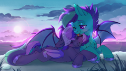 Size: 4431x2500 | Tagged: safe, artist:ls_skylight, imported from derpibooru, oc, oc only, oc:midnight mist, oc:sugar spirits, bat pony, pony, bat pony oc, bat wings, beach, sunset, together, wings