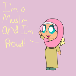 Size: 1536x1536 | Tagged: safe, artist:colorcodetheartist, derpibooru exclusive, imported from derpibooru, fluttershy, human, :3, chibi, colored sketch, cute, daaaaaaaaaaaw, description is relevant, dialogue, female, humanized, islam, islamashy, mouthpiece, open mouth, religion, shyabetes, simple background, solo, solo female, winged humanization, wings