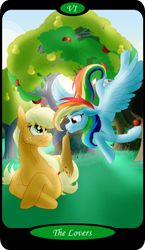 Size: 1500x2591 | Tagged: safe, artist:sixes&sevens, imported from derpibooru, applejack, rainbow dash, apple, apple tree, appledash, female, flying, food, freckles, hat thief, intertwined trees, lesbian, major arcana, missing accessory, pear tree, shipping, tarot card, teasing, the lovers, tree