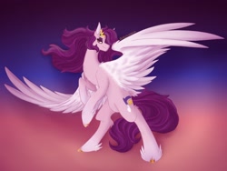 Size: 2048x1536 | Tagged: safe, artist:lunathemoongod, imported from derpibooru, pipp petals, pegasus, pony, spoiler:g5, eyeshadow, feather, female, fluffy, g5, gradient background, looking at you, makeup, mare, pipp, soft shading, solo, spread wings, unshorn fetlocks, wings
