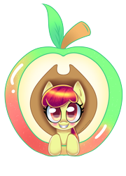Size: 4400x6100 | Tagged: safe, artist:melanyoprisdraws, artist:opal_radiance, imported from derpibooru, apple bloom, earth pony, pony, apple, applejack's hat, blushing, cowboy hat, female, filly, food, hat, looking at you, simple background, solo, sparkly mane, transparent background