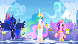 Size: 1920x1080 | Tagged: safe, imported from derpibooru, screencap, princess cadance, princess celestia, princess luna, alicorn, pegasus, pony, season 4, twilight's kingdom, alicorn triarchy, armor, beautiful, chestplate, colored wings, crown, crystal empire, crystal guard, crystal guard armor, ethereal mane, ethereal tail, female, flowing mane, flowing tail, hoof shoes, jewelry, lidded eyes, looking at you, male, mare, multicolored mane, multicolored tail, multicolored wings, peytral, regalia, royal guard, smiling, spread wings, stallion, tiara, trio focus, wings