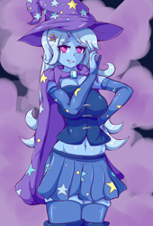 Size: 1500x2200 | Tagged: safe, artist:n00bultima, imported from derpibooru, trixie, equestria girls, belly button, breasts, busty trixie, cape, clothes, female, hat, socks, solo, thigh highs, trixie's cape, trixie's hat
