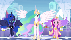 Size: 1280x720 | Tagged: safe, imported from derpibooru, screencap, princess cadance, princess celestia, princess luna, alicorn, pegasus, pony, twilight's kingdom, alicorn triarchy, armor, beautiful, chestplate, colored wings, crown, crystal empire, crystal guard, crystal guard armor, ethereal mane, ethereal tail, female, flowing mane, flowing tail, hoof shoes, jewelry, lidded eyes, looking at you, male, mare, multicolored mane, multicolored tail, multicolored wings, peytral, regalia, royal guard, smiling, spread wings, stallion, tiara, trio focus, walking, wings