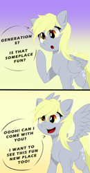 Size: 2500x4800 | Tagged: safe, artist:nihithebrony, imported from derpibooru, derpy hooves, pegasus, pony, colored background, comic, curious, cute, derpabetes, female, g5, simple background, smiling, solo, talking, talking to viewer, text, yellow background