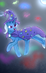 Size: 1366x2169 | Tagged: safe, artist:moonlightrift, imported from derpibooru, trixie, pony, unicorn, cape, clothes, fireworks, glow, glowing, hat, moon, smoke, solo, trixie's cape, trixie's hat