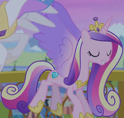 Size: 1348x1281 | Tagged: safe, imported from derpibooru, screencap, princess cadance, princess celestia, alicorn, pony, twilight's kingdom, cropped, female, flying, solo focus, you'll play your part