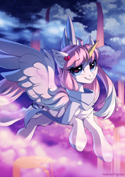 Size: 2000x2825 | Tagged: safe, artist:redchetgreen, imported from derpibooru, imported from ponybooru, oc, oc only, oc:night sky, alicorn, pony, alicorn oc, blue eyes, cel shading, concave belly, female, flying, high res, horn, mare, shading, slim, solo, thin, wings