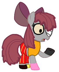 Size: 273x337 | Tagged: safe, artist:pagiepoppie12345, imported from derpibooru, apple bloom, alternate universe, bandage, bow, clothes, disfigured, hair bow, messy mane, one eye, one eye covered, pants, positive body image, robble bloom, shirt, shoes