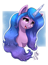 Size: 880x1200 | Tagged: safe, artist:joakaha, imported from derpibooru, izzy moonbow, pony, unicorn, abstract background, bust, cute, female, g5, izzybetes, long hair, long mane, mare, open mouth, open smile, portrait, signature, smiling, solo