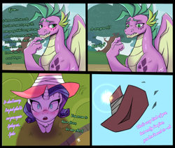 Size: 3840x3249 | Tagged: safe, artist:dorpapu, artist:jafsheep, imported from derpibooru, rarity, spike, dragon, unicorn, comic:reunion, blushing, comic, dialogue, female, funny, male, older, older spike, shipping, sparity, straight