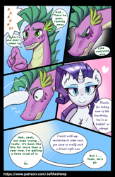 Size: 1953x3000 | Tagged: safe, artist:dorpapu, artist:jafsheep, imported from derpibooru, rarity, spike, dragon, unicorn, comic:reunion, comic, cute, dialogue, female, funny, male, older, older spike, shipping, sparity, straight