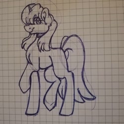 Size: 1080x1080 | Tagged: safe, artist:tessa_key_, imported from derpibooru, oc, oc only, oc:amber, pony, unicorn, female, graph paper, horn, lineart, mare, raised hoof, smiling, solo, traditional art, unicorn oc