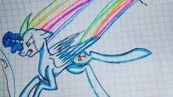 Size: 1080x607 | Tagged: safe, artist:tessa_key_, imported from derpibooru, oc, oc only, alicorn, pony, alicorn oc, angry, glowing horn, graph paper, gritted teeth, horn, multicolored hair, rainbow hair, solo, traditional art, wings