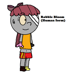 Size: 433x459 | Tagged: safe, artist:pagiepoppie12345, imported from derpibooru, apple bloom, human, bandage, bow, clothes, disfigured, hair bow, humanized, one eye, one eye covered, pants, positive body image, robble bloom, shirt, shoes, smiling