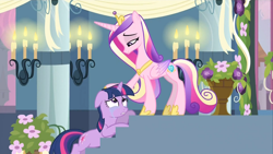 Size: 992x558 | Tagged: safe, imported from derpibooru, screencap, princess cadance, queen chrysalis, twilight sparkle, alicorn, pony, unicorn, a canterlot wedding, season 2, candle, crying, crylight sparkle, duo, duo female, fake cadance, female, floppy ears, lidded eyes, petting, sad, stairs, unicorn twilight