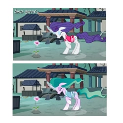 Size: 1080x1080 | Tagged: safe, artist:luna.queex, edit, edited screencap, imported from derpibooru, screencap, mistmane, rarity, pony, building, clothes, duo, eyes closed, female, flower, mare, mistmane's flower, outdoors, raised hoof