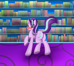 Size: 1800x1600 | Tagged: safe, artist:sane, imported from derpibooru, starlight glimmer, pony, unicorn, blushing, bookshelf, butt, castle, female, glimmer glutes, library, looking at you, mare, plot, raised leg, shy, solo