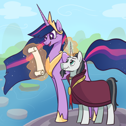 Size: 2048x2048 | Tagged: safe, artist:pfeffaroo, imported from derpibooru, chancellor neighsay, twilight sparkle, alicorn, pony, unicorn, the last problem, cloak, clothes, duo, female, folded wings, glowing horn, high res, hoof shoes, horn, jewelry, looking at something, magic, male, mare, older, older chancellor neighsay, older twilight, open mouth, outdoors, princess twilight 2.0, reading, regalia, scroll, smiling, stallion, standing, twilight sparkle (alicorn), wings