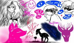 Size: 800x468 | Tagged: safe, artist:amgiwolf, imported from derpibooru, oc, oc only, oc:amgi, deer, earth pony, human, pony, wolf, antlers, bust, earth pony oc, female, flower, frown, heart, humanized, looking back, male, mare, no, pictogram, smiling, smirk, stallion, sunglasses