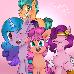Size: 3000x3000 | Tagged: safe, artist:doraeartdreams-aspy, imported from derpibooru, hitch trailblazer, izzy moonbow, pipp petals, sunny starscout, earth pony, pegasus, pony, unicorn, blushing, braid, eyes closed, female, g5, gradient background, grin, high res, looking at you, male, mare, one eye closed, open mouth, pipp, raised hoof, smiling, stallion, teeth, text, unshorn fetlocks, wink