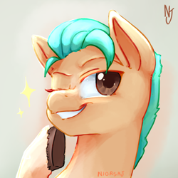 Size: 2000x2000 | Tagged: safe, artist:niorsaj, imported from derpibooru, hitch trailblazer, earth pony, pony, bust, g5, g5 movie, high res, male, one eye closed, portrait, smiling, solo, stallion, unshorn fetlocks, wink