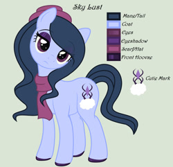 Size: 1280x1236 | Tagged: safe, artist:lominicinfinity, imported from derpibooru, oc, oc only, oc:sky lust, earth pony, pony, clothes, female, mare, reference sheet, scarf, simple background, solo