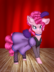 Size: 768x1024 | Tagged: safe, artist:delfinaluther, imported from derpibooru, pinkie pie, earth pony, pony, over a barrel, clothes, dress, female, mare, pinkie pie in dress, saloon dress, saloon pinkie, solo, song, stage