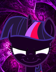 Size: 871x1115 | Tagged: safe, imported from derpibooru, twilight sparkle, pony, unicorn, dark magic, evil, looking at you, magic, nightmare twilight, nightmarified, smiling, solo, wallpaper, white eyes