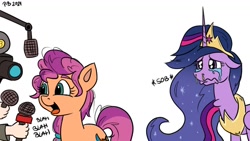 Size: 1200x675 | Tagged: safe, artist:pony-berserker, imported from derpibooru, sunny starscout, twilight sparkle, alicorn, earth pony, human, pony, the last problem, abuse, adam's apple, booger, camera, crown, crying, crylight sparkle, female, g5, g5 drama, hand, jewelry, mare, microphone, offscreen character, older, older twilight, open mouth, peytral, princess twilight 2.0, regalia, simple background, sunny and her heroine, twilight sparkle (alicorn), twilybuse, white background