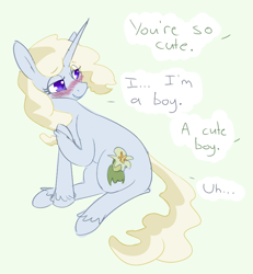 Size: 720x780 | Tagged: safe, artist:archego-art, artist:tilling-tan, imported from derpibooru, oc, oc only, oc:whitewood, pony, unicorn, 4chan, blushing, cute, dialogue, drawthread, femboy, male, sitting, smiling, solo, stallion, trap