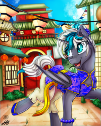 Size: 2000x2500 | Tagged: safe, alternate version, artist:stainedglasslighthea, imported from derpibooru, oc, oc only, oc:elizabat stormfeather, alicorn, bat pony, bat pony alicorn, pony, alicorn oc, alternate hairstyle, bat pony oc, bat wings, belt, bracelet, building, bush, chinese dress, chinese new year, clothes, commission, dress, female, flats, hair bun, hoof shoes, horn, jewelry, lantern, lunar new year, mare, open mouth, pants, raised hoof, raised leg, shoes, solo, wings, ych result, year of the ox