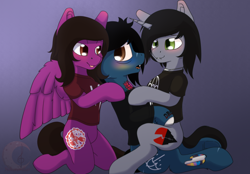 Size: 3868x2698 | Tagged: safe, artist:avery-valentine, artist:nekoremilia1, imported from derpibooru, earth pony, pegasus, pony, undead, unicorn, zombie, zombie pony, anatomically incorrect, bags under eyes, blood, blushing, bone, bring me the horizon, clothes, colored blushing, commission, drop dead clothing, fangs, gay, holding, horn, incorrect leg anatomy, jewelry, kellin quinn, lip piercing, looking back, male, necklace, nose piercing, oliver sykes, pierce the veil, piercing, ponified, rainbow blood, scar, shipping, shirt, sitting on lap, sleeping with sirens, spread wings, stallion, stitches, t-shirt, tattoo, torn ear, trio, vic fuentes, wings, ych result