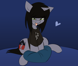 Size: 2000x1700 | Tagged: safe, artist:madragon, imported from derpibooru, pony, unicorn, clothes, commission, disguise, disguised siren, fangs, heart, horn, jewelry, kellin quinn, lidded eyes, male, necklace, pillow, ponified, shirt, sitting, slit eyes, slit pupils, solo, stallion, t-shirt, tongue out, ych result