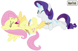 Size: 1106x722 | Tagged: safe, artist:maretrick, imported from derpibooru, fluttershy, rarity, belly tickling, cute, female, hoof tickling, laughing, levitation spell, lying down, on back, raribetes, shyabetes, smiling, tickling