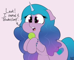 Size: 1200x973 | Tagged: safe, artist:blitzyflair, imported from derpibooru, imported from ponybooru, izzy moonbow, pony, unicorn, spoiler:g5, cute, ears, female, floppy ears, g5, happy, holding, izzy's tennis ball, izzybetes, mare, open mouth, simple background, smiling, solo, tennis ball, that pony sure does love tennis balls, wide eyes