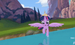 Size: 281x167 | Tagged: safe, edit, edited screencap, imported from derpibooru, screencap, twilight sparkle, alicorn, pony, my little pony: the movie, accessories, accessory, animated, bridge, crown, female, flying, gif, jewelry, lake, logo, loop, majestic as fuck, mare, movie, regalia, reversed, solo focus, spread wings, twilight sparkle (alicorn), water, we got this together, wings